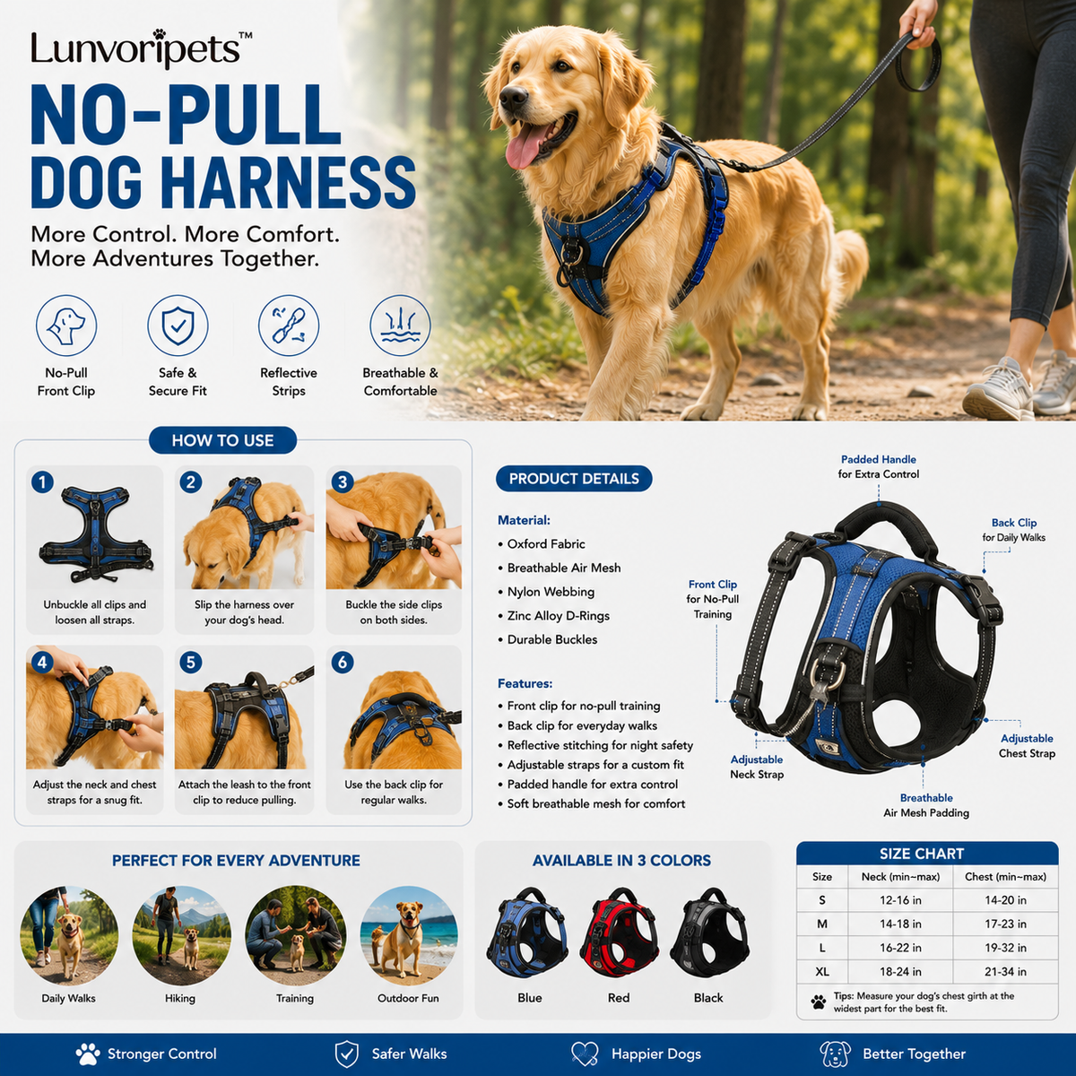 Lunvoripets™ Adjustable No-Pull Dog Harness with Reflective Strips