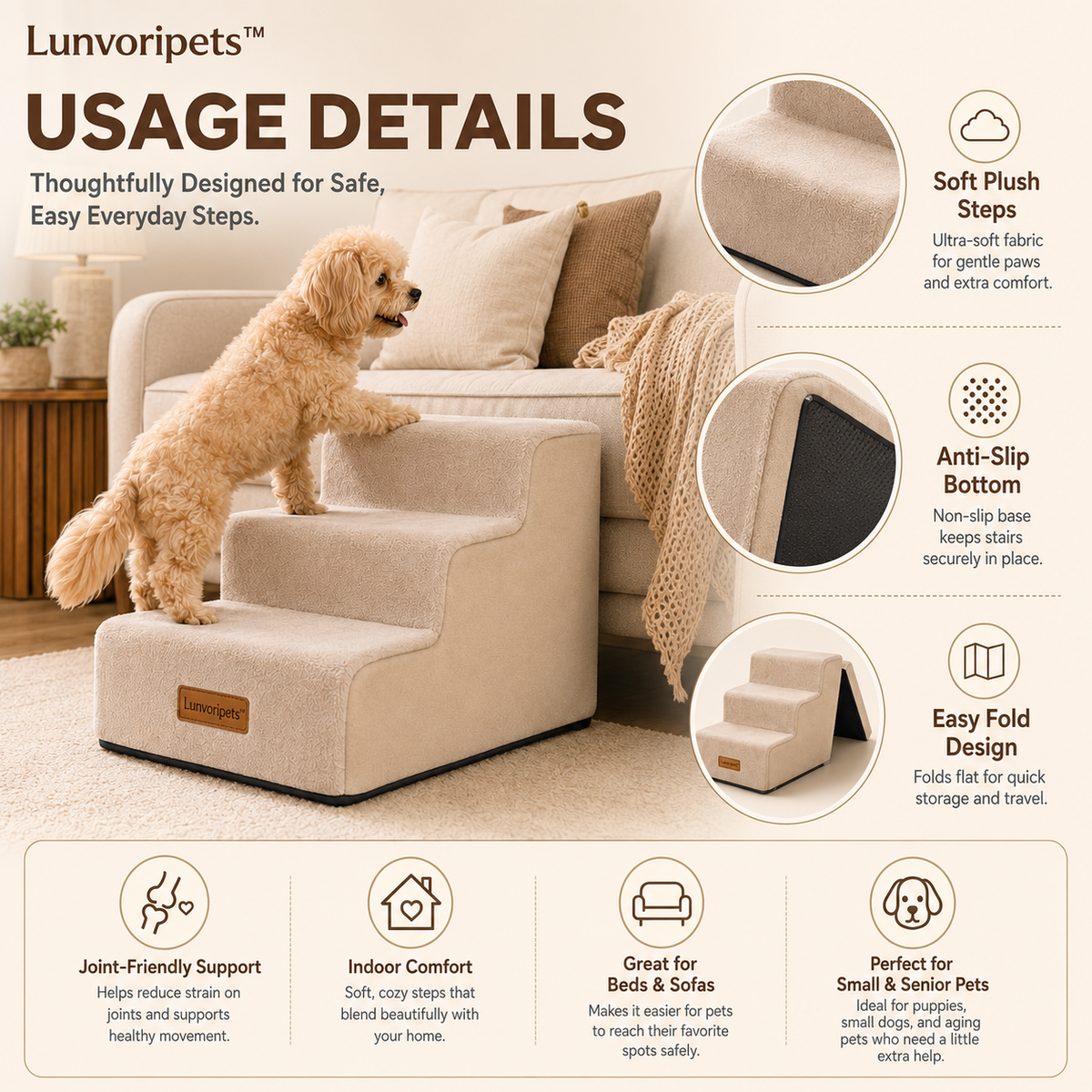 Lunvoripets™ Foldable Pet Stairs with Soft Plush Cover