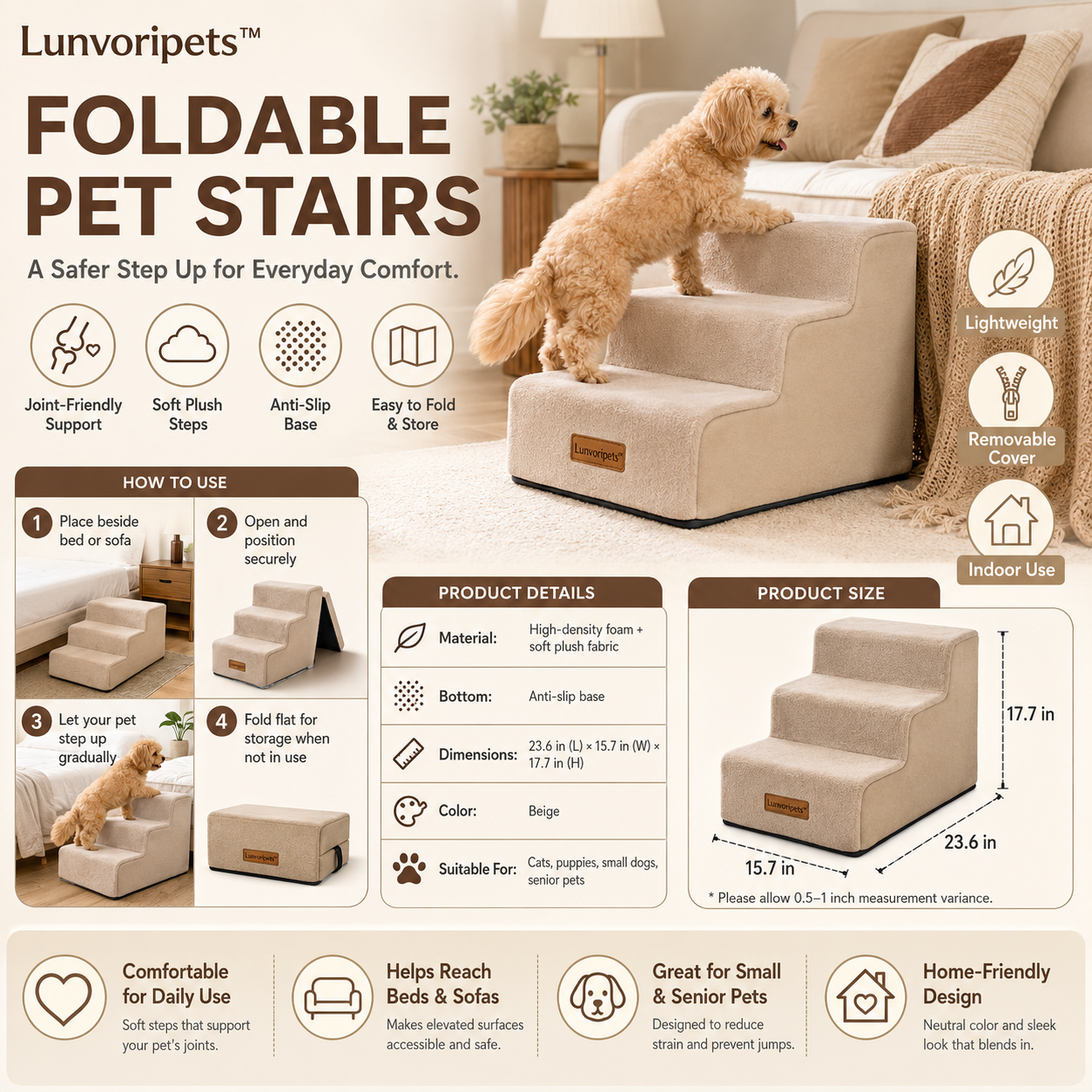 Lunvoripets™ Foldable Pet Stairs with Soft Plush Cover
