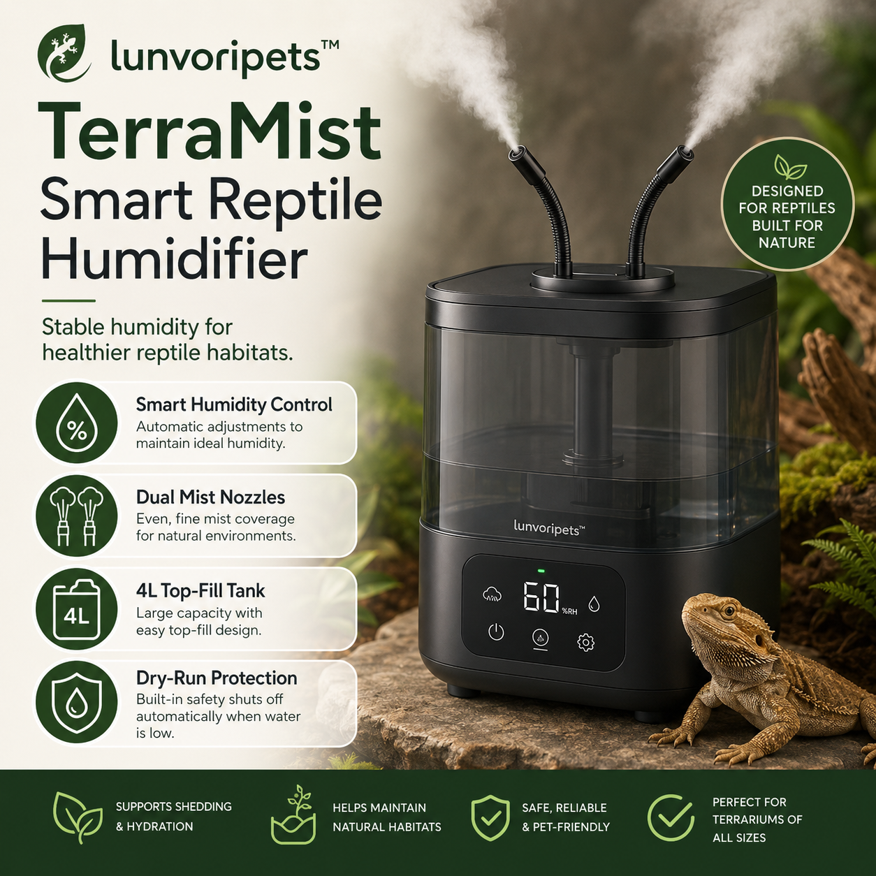 Lunvoripets™ TerraMist Smart Reptile Humidifier with Dual Mist Nozzles, Humidity Sensor & 4L Top-Fill Tank