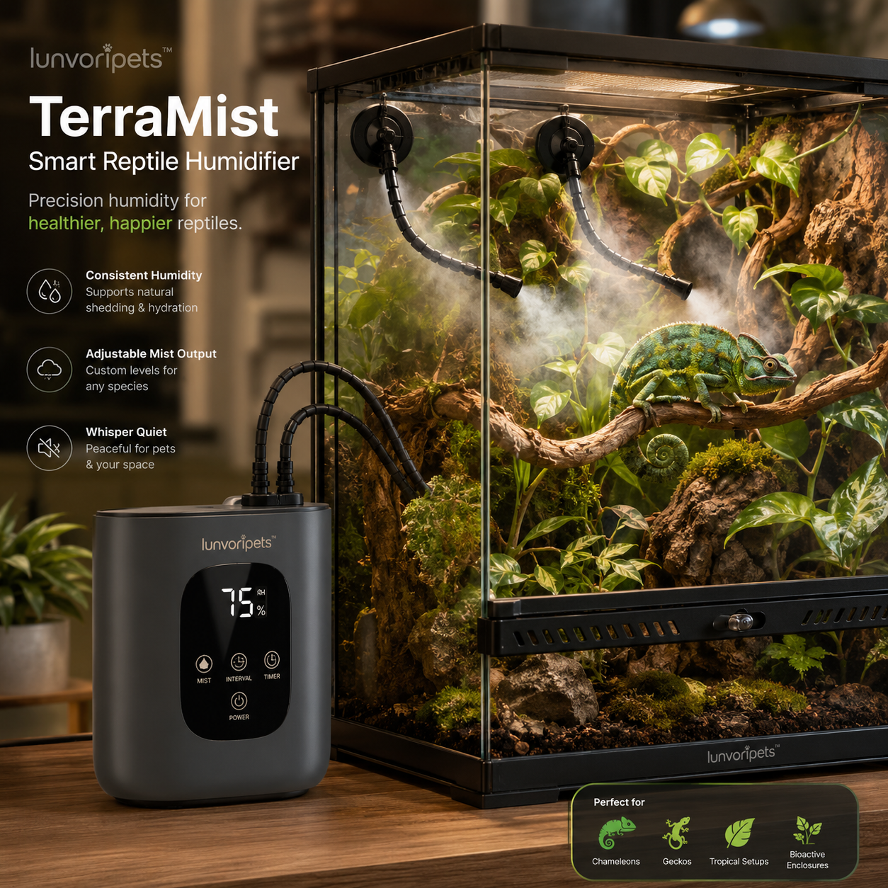 Lunvoripets™ TerraMist Smart Reptile Humidifier with Dual Mist Nozzles, Humidity Sensor & 4L Top-Fill Tank
