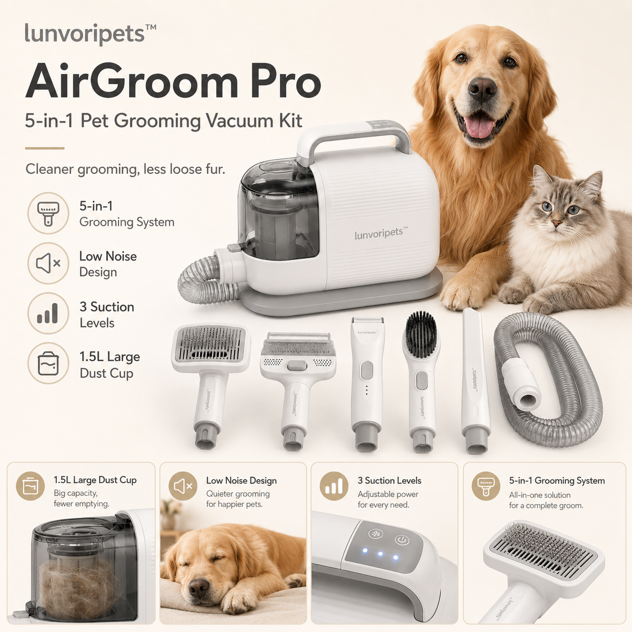 Lunvoripets™ AirGroom Pro 5-in-1 Low-Noise Pet Grooming Vacuum Kit with 3 Suction Levels & 1.5L Dust Cup