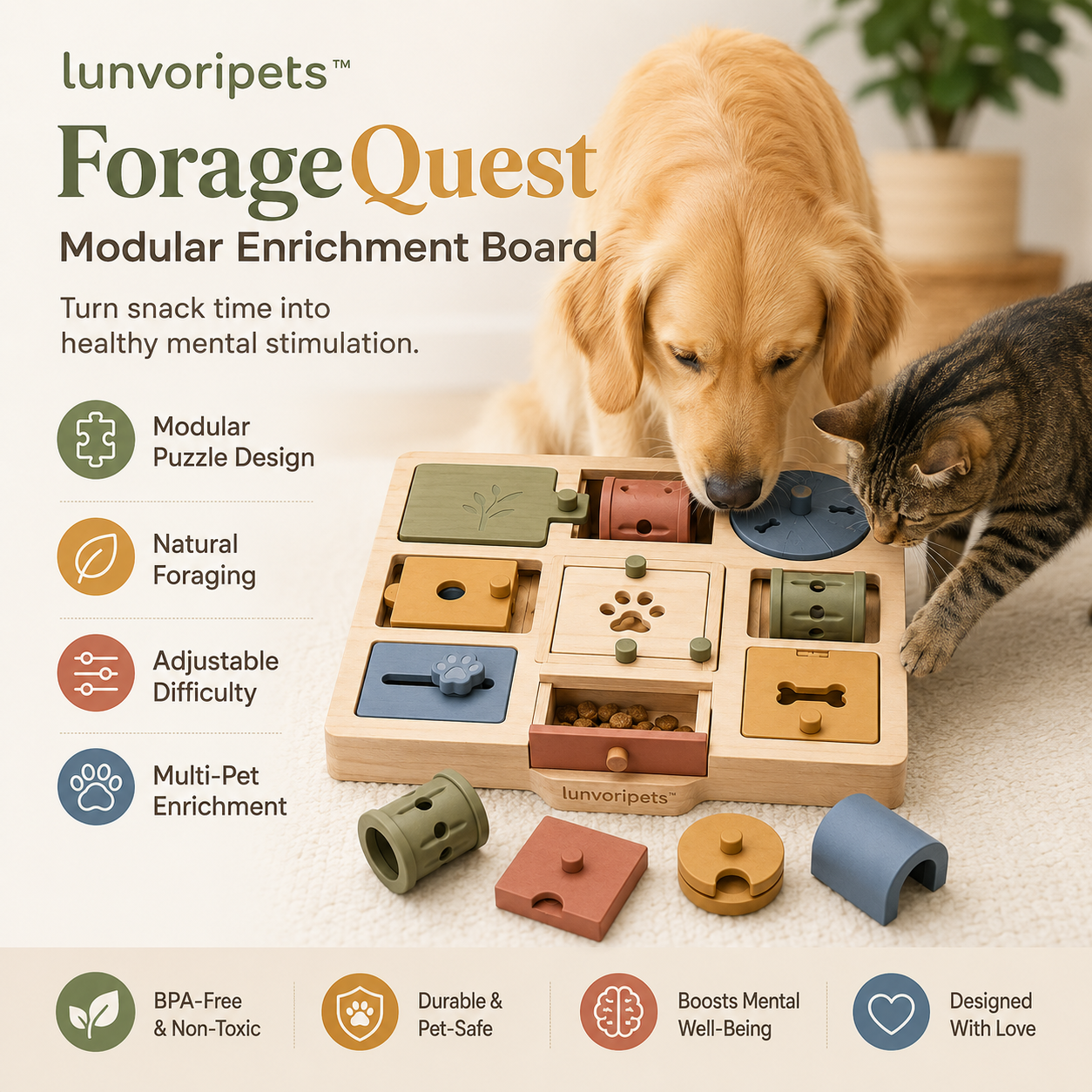 Lunvoripets™ ForageQuest Modular Pet Enrichment Board with Adjustable Puzzle Compartments for Birds & Small Animals