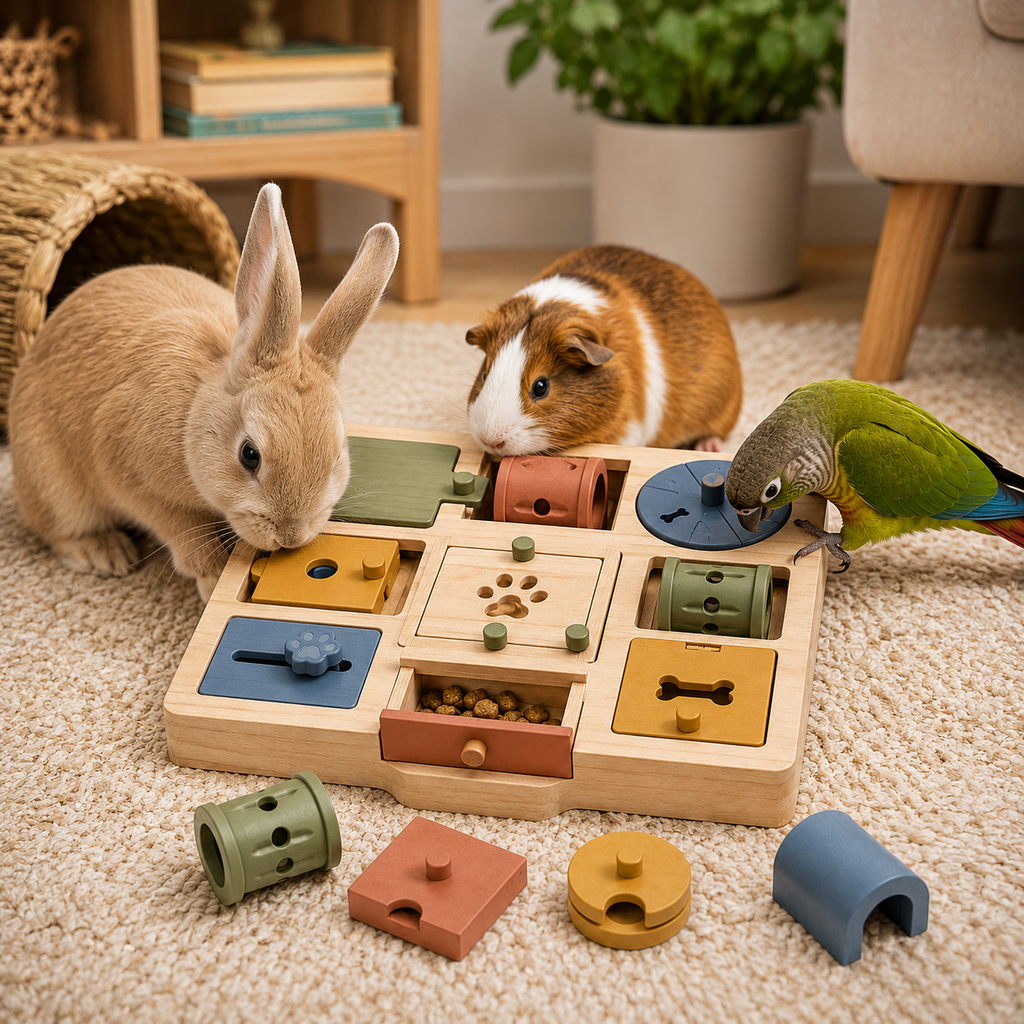 Lunvoripets™ ForageQuest Modular Pet Enrichment Board with Adjustable Puzzle Compartments for Birds & Small Animals