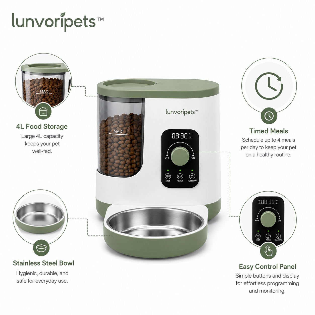 Lunvoripets™ 4L Automatic Pet Feeder with Timed Meals, Digital Control Panel & Stainless Steel Bowl