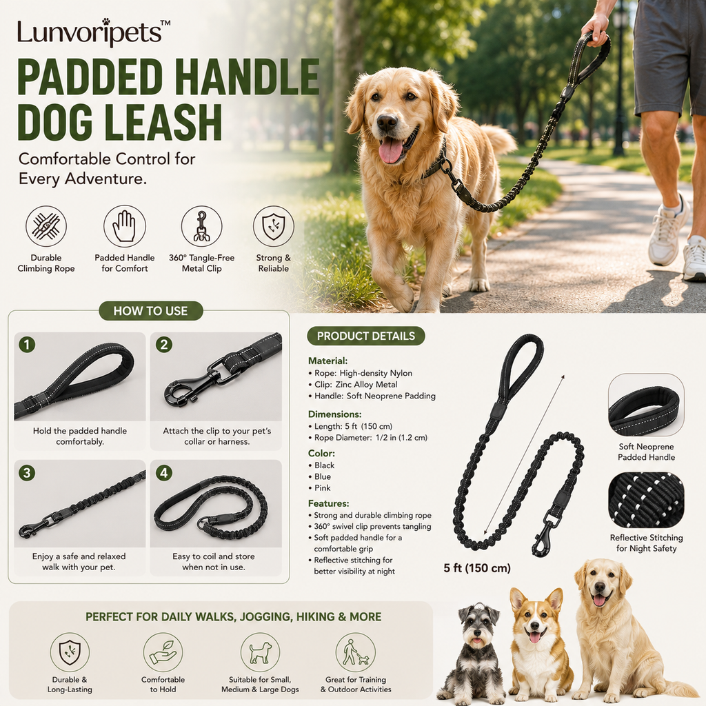 Lunvoripets™ Reflective Padded Handle Dog Leash